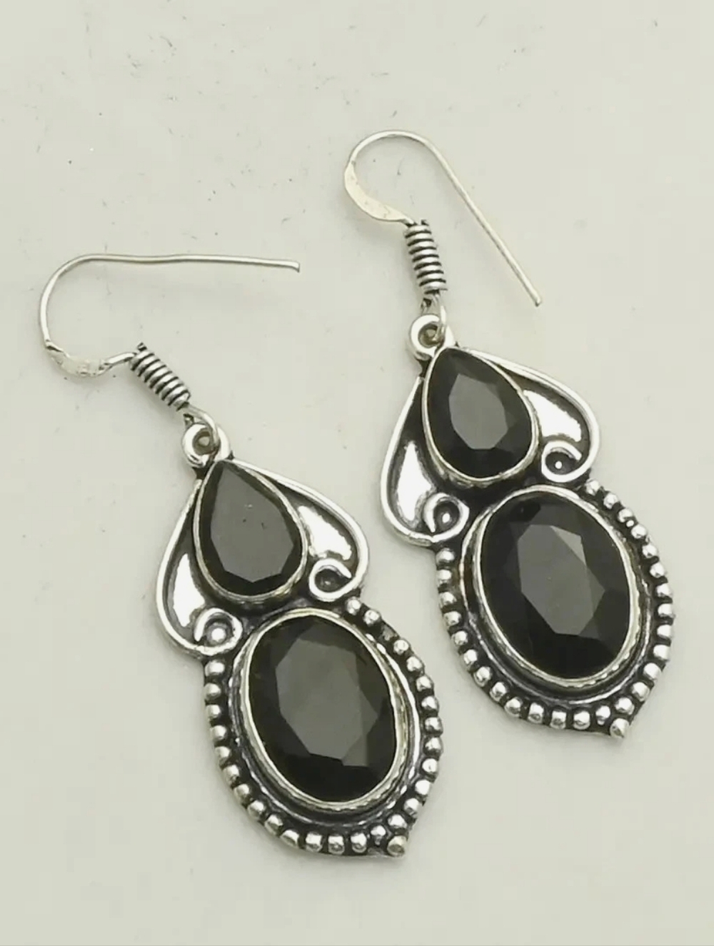 Classic Black Onyx Gemstone .925 Stamped Drop Earrings 1.8“ Long